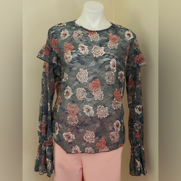MELROSE & MARKET Green Pink Blue Floral Lace Sheer Crew Elastic Sleeves Top Sz M - Picture 1 of 13
